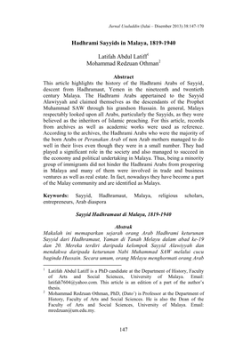 Hadhrami Sayyids in Malaya, 1819-1940 Latifah Abdul Latiff1 Mohammad Redzuan Othman2