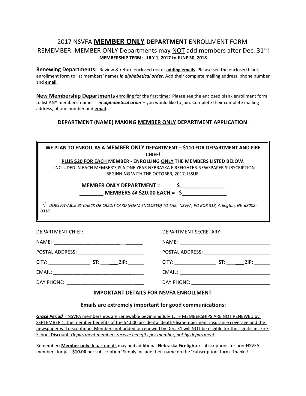 2017 Nsvfa Member Only Department Enrollment Form