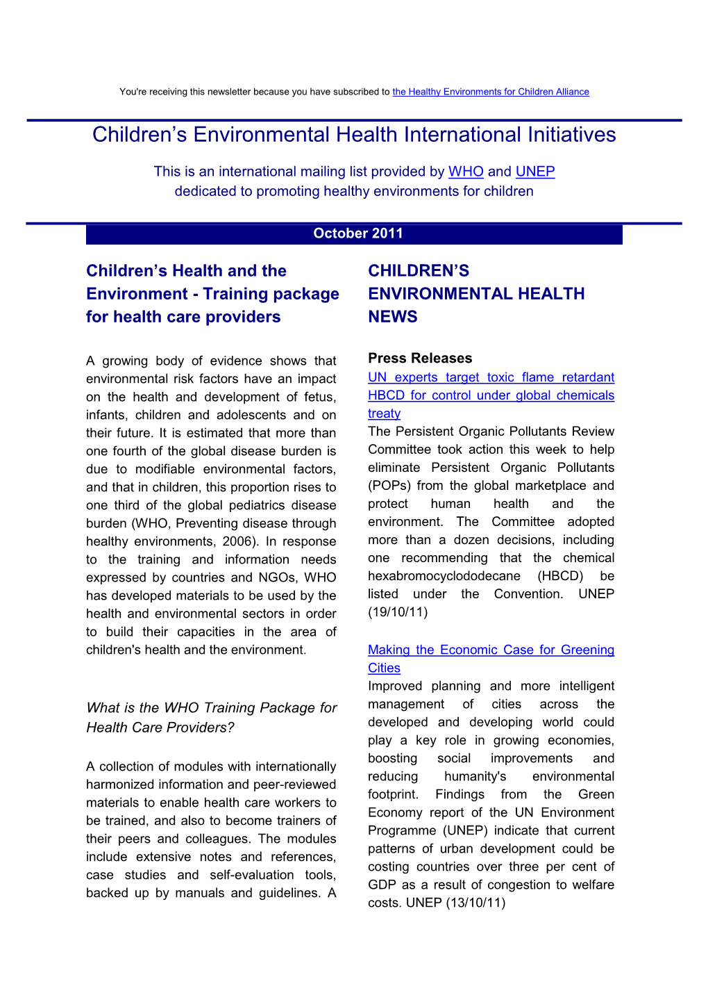 Children's Environmental Health International Initiatives