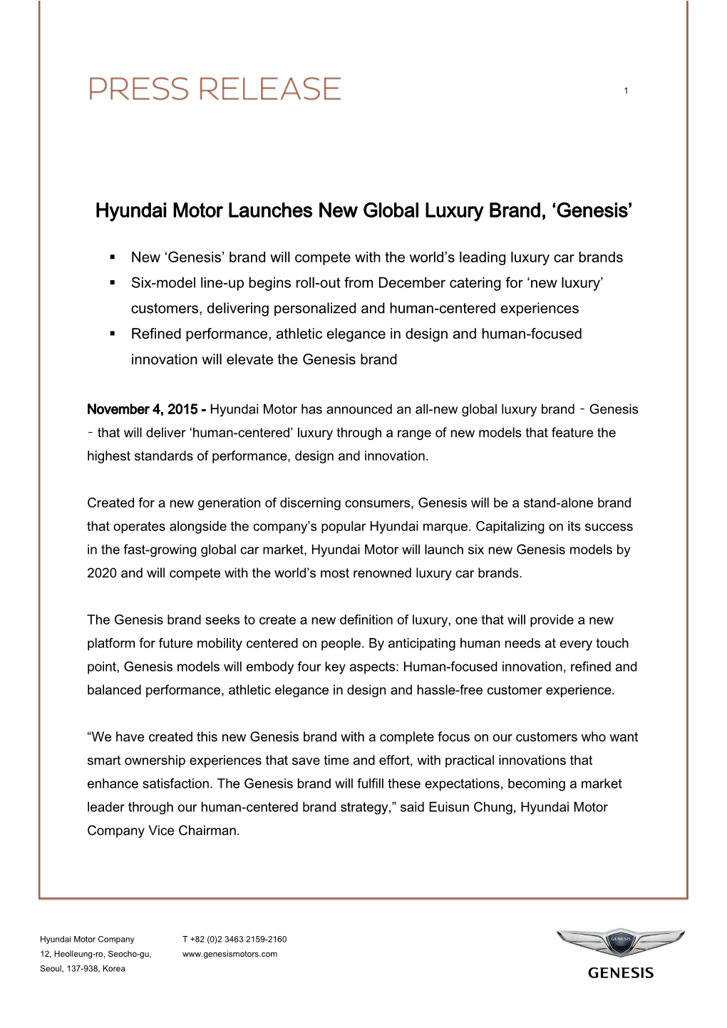 Hyundai Motor Launches New Global Luxury Brand, 'Genesis'