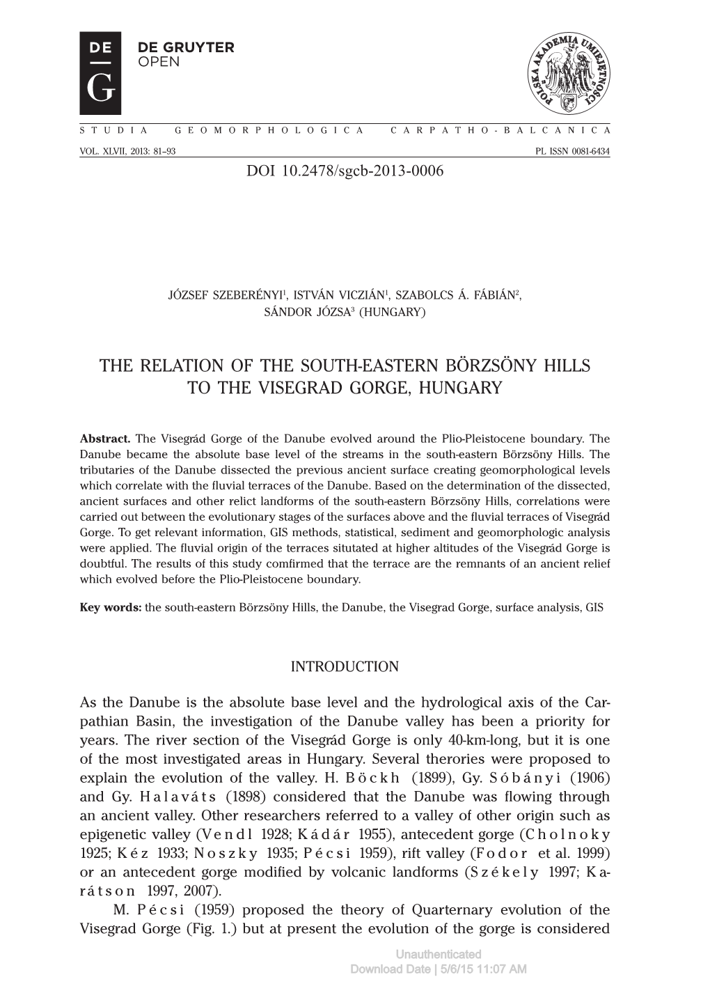 The Relation of the South-Eastern Börzsöny Hills to the Visegrad Gorge, Hungary