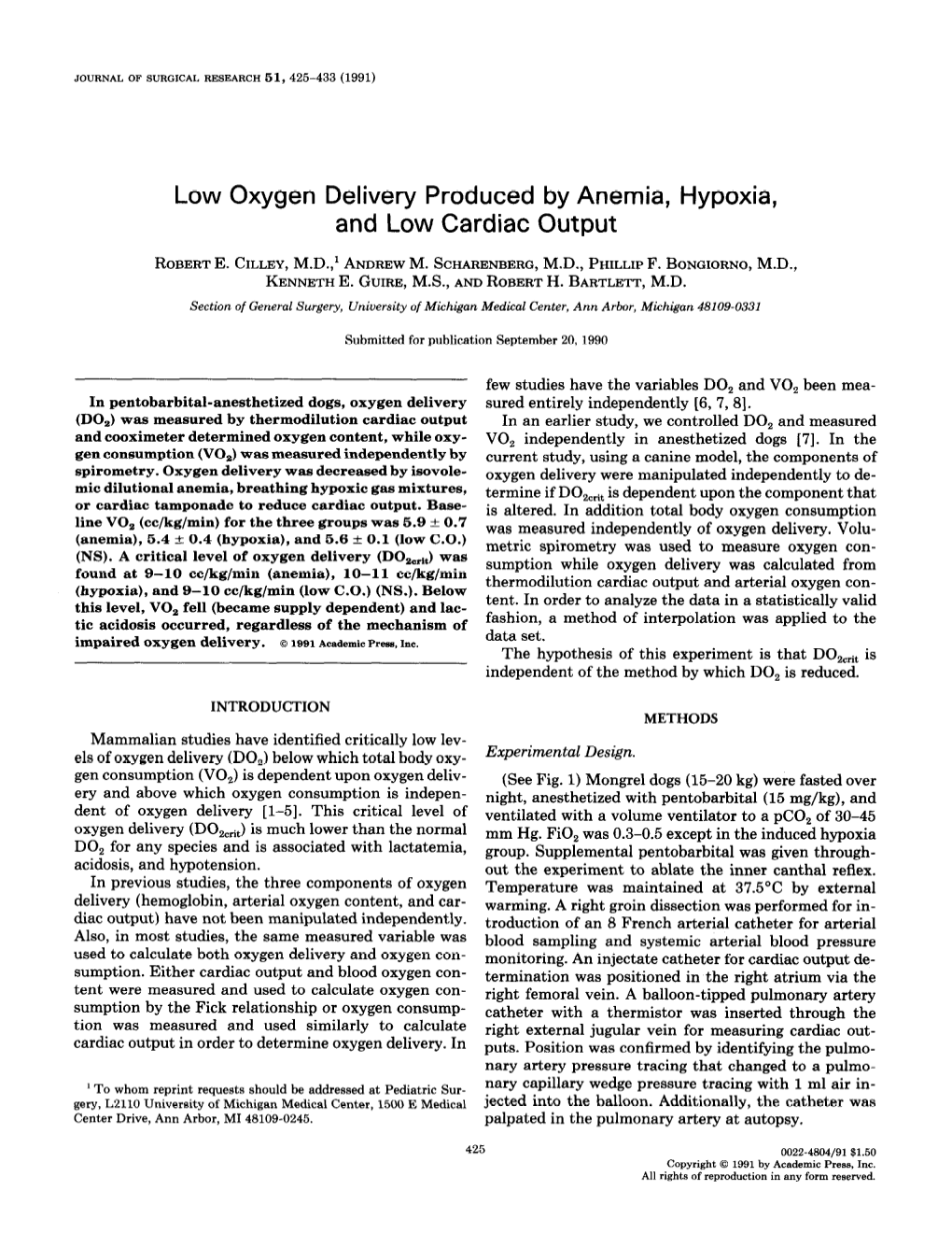 Low Oxygen Delivery Produced by Anemia, Hypoxia, and Low Cardiac Output