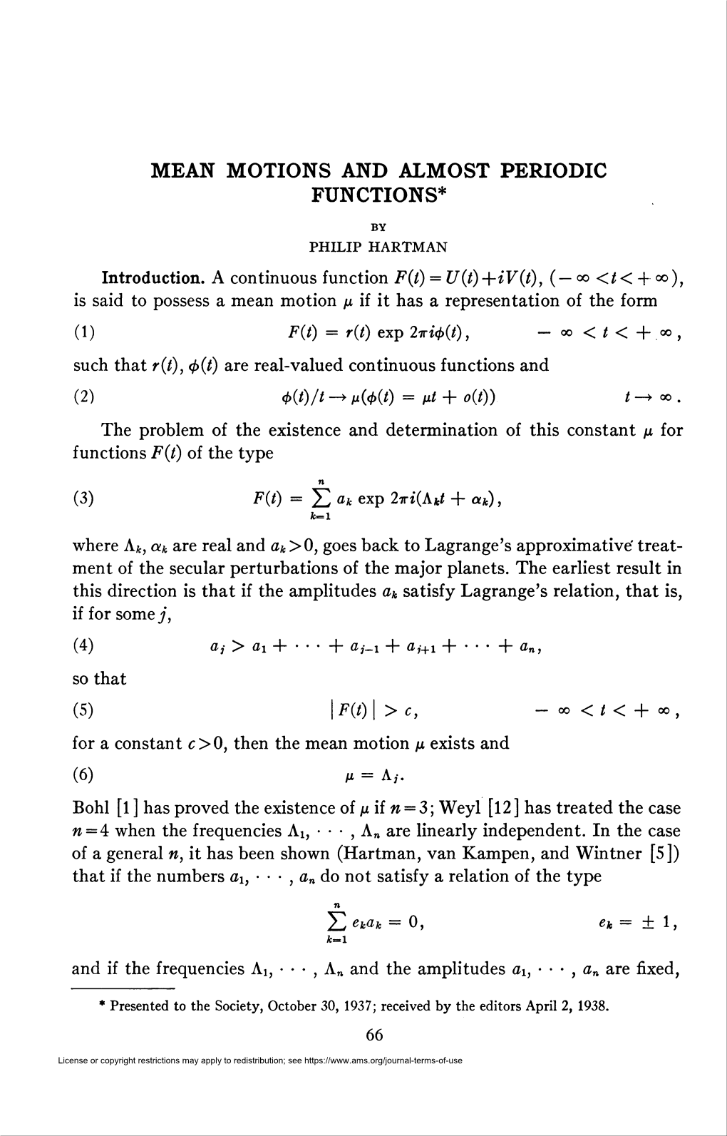 Mean Motions and Almost Periodic Functions*