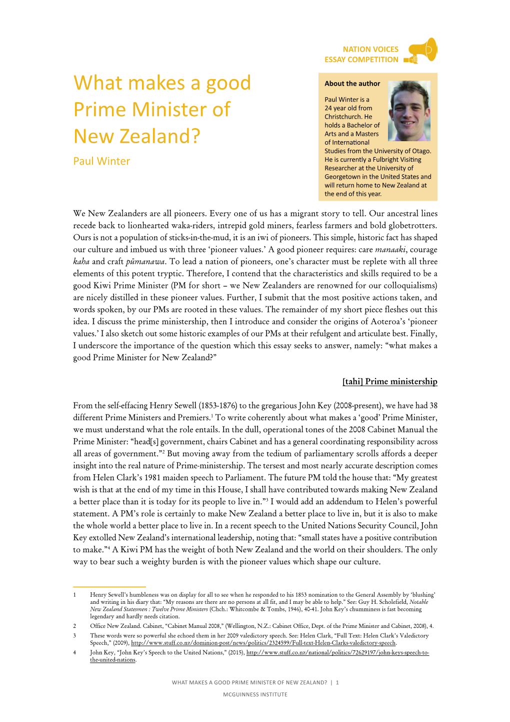 What Makes a Good Prime Minister of New Zealand? | 1 Mcguinness Institute Nation Voices Essay Competition