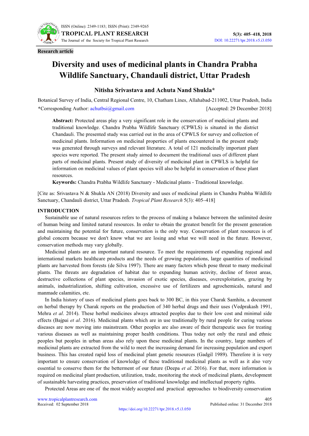 Diversity and Uses of Medicinal Plants in Chandra Prabha Wildlife Sanctuary, Chandauli District, Uttar Pradesh