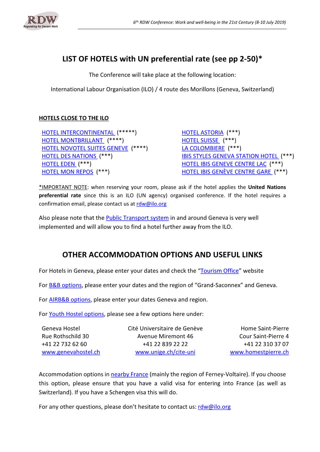 LIST of HOTELS with UN Preferential Rate (See Pp 2-50)* OTHER ACCOMMODATION OPTIONS and USEFUL LINKS