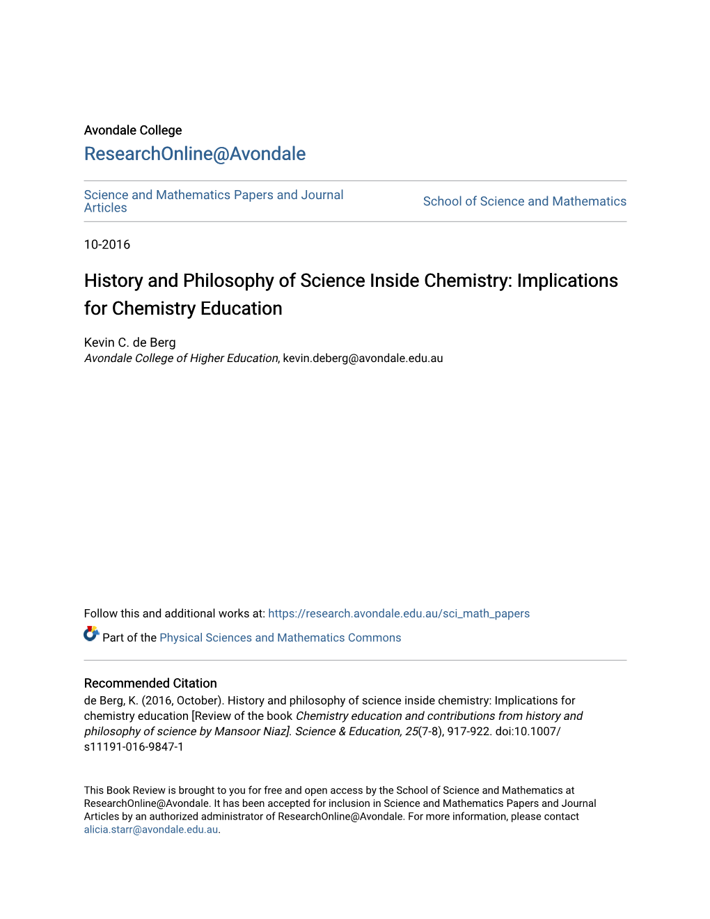 History and Philosophy of Science Inside Chemistry: Implications for Chemistry Education