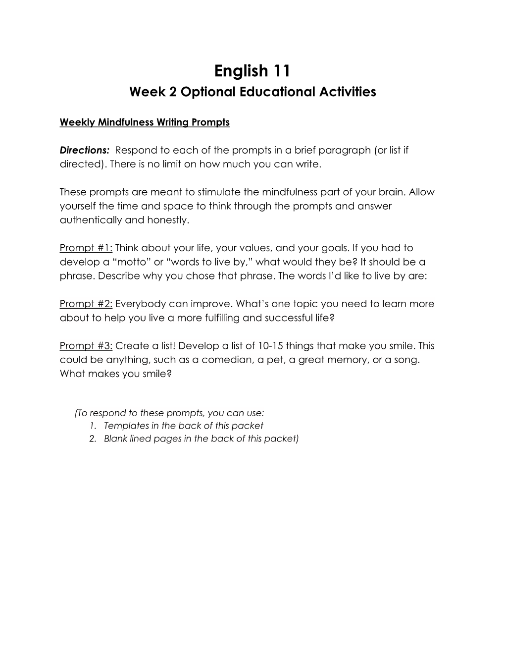 English 11 Week 2 Optional Educational Activities