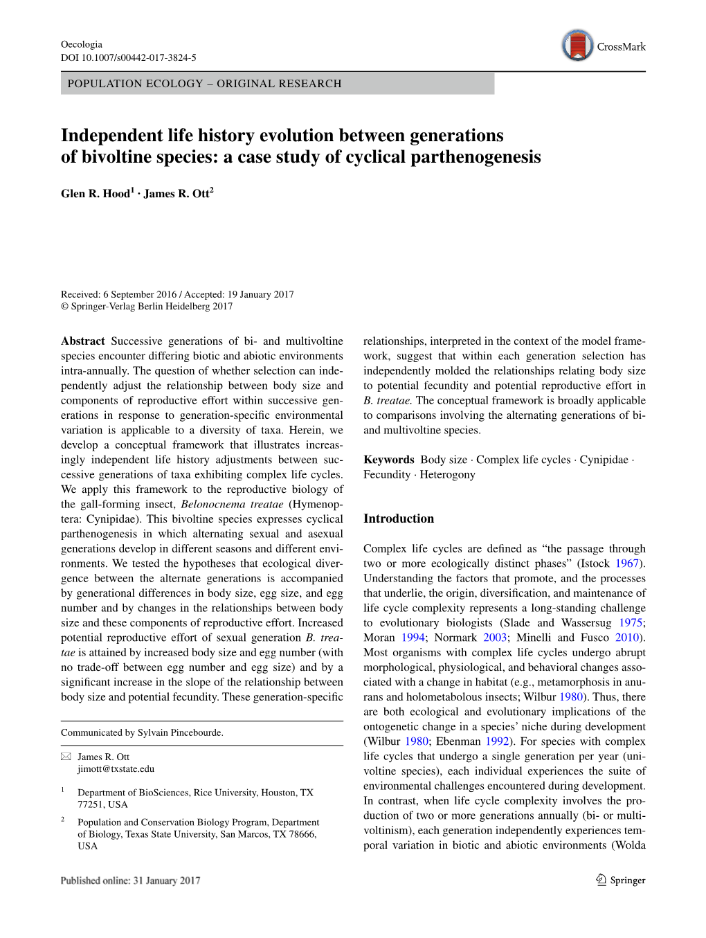 Independent Life History Evolution Between Generations of Bivoltine Species: a Case Study of Cyclical Parthenogenesis