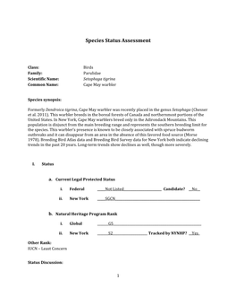 Species Assessment for Cape May Warbler
