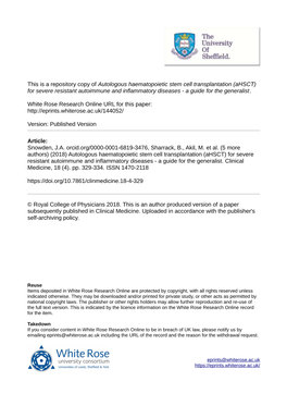 Autologous Haematopoietic Stem Cell Transplantation (Ahsct) for Severe Resistant Autoimmune and Inflammatory Diseases - a Guide for the Generalist