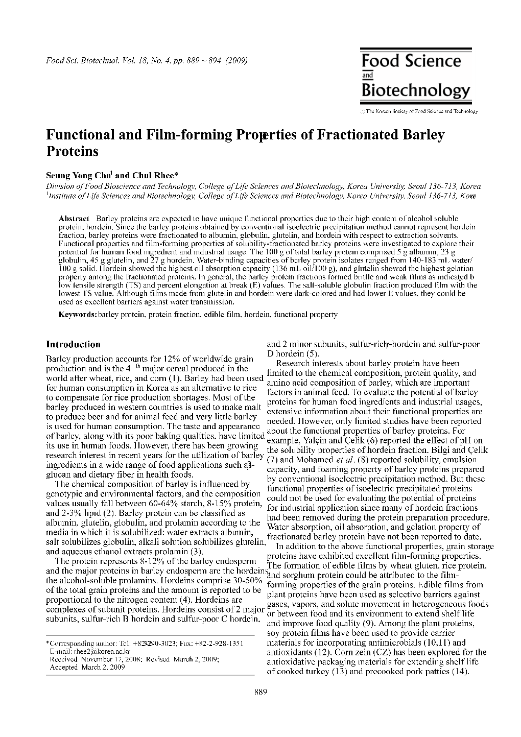 Functional and Film-Forming Properties of Fractionated Barley Proteins