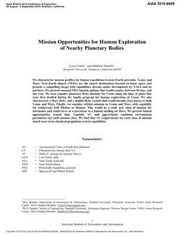 Mission Opportunities for Human Exploration of Nearby Planetary Bodies