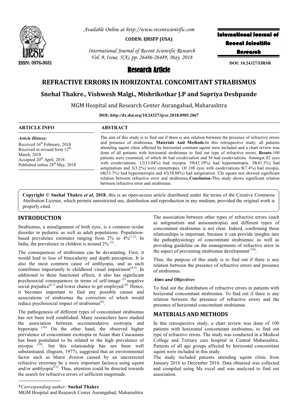 Research Article REFRACTIVE ERRORS in HORIZONTAL