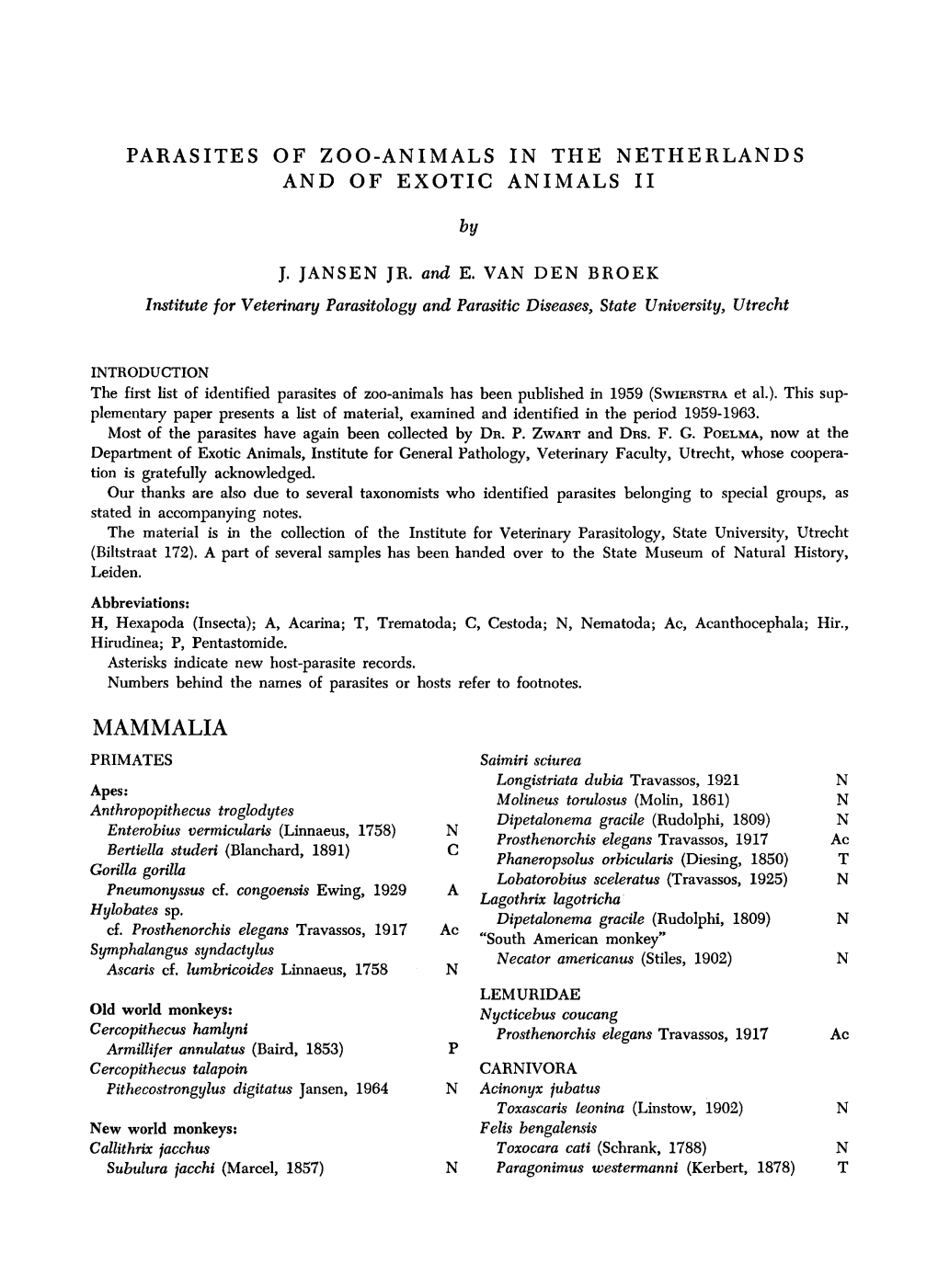 Parasites of Zoo-Animals in the Netherlands Exotic by J. Jansen Jr