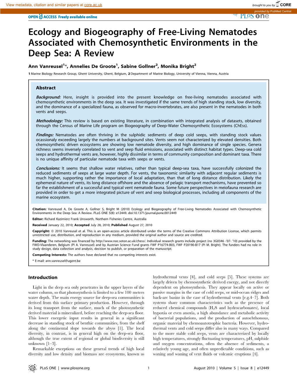 Ecology and Biogeography of Free-Living Nematodes Associated with Chemosynthetic Environments in the Deep Sea: a Review