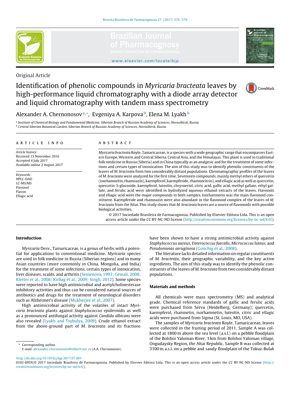 Identification of Phenolic Compounds in Myricaria Bracteata Leaves By