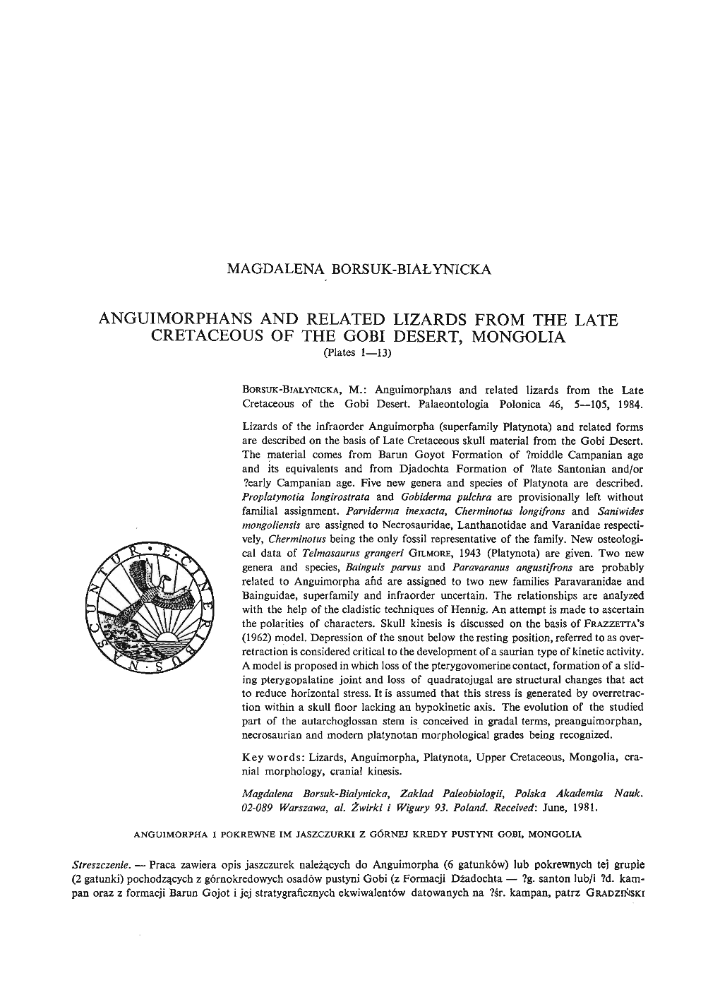 ANGUIMORPHANS and RELATED LIZARDS from the LATE CRETACEOUS of the GOBI DESERT, MONGOLIA (Plates 1-13)