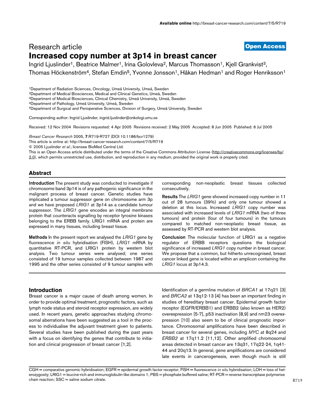 Increased Copy Number at 3P14 in Breast Cancer