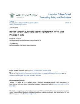 Role of School Counselors and the Factors That Affect Their Practice in India
