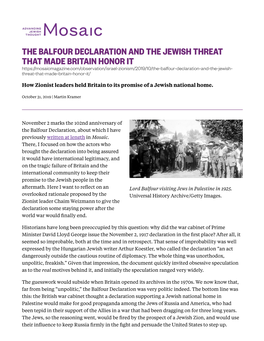 The Balfour Declaration and the Jewish Threat That Made Britain