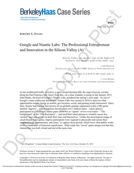 Google and Niantic Labs: the Professional Entrepreneur and Innovation in the Silicon Valley (A)