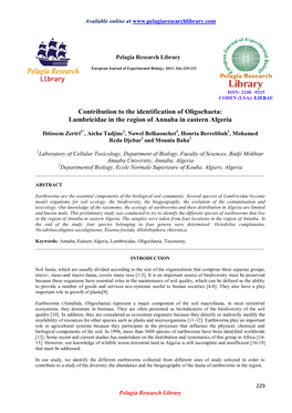 Contribution to the Identification of Oligochaeta: Lumbricidae in the Region of Annaba in Eastern Algeria