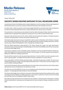 Soccer's World-Beating Matildas to Call Melbourne