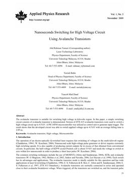 Nanoseconds Switching for High Voltage Circuit Using Avalanche Transistors