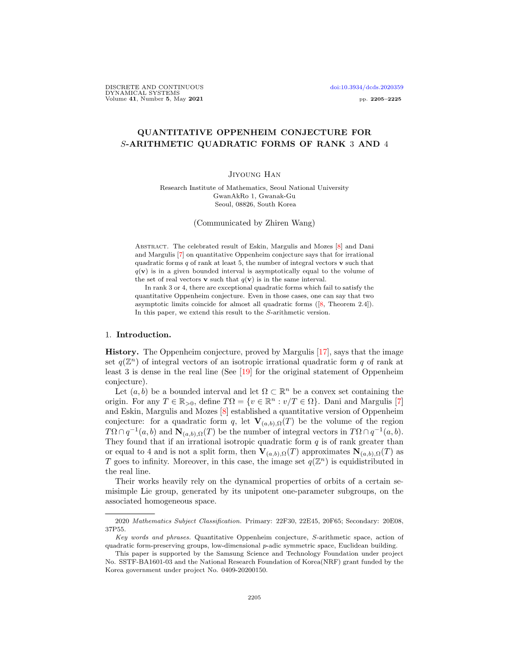 10.3934/Dcds.2020359 DYNAMICAL SYSTEMS Volume 41, Number 5, May 2021 Pp