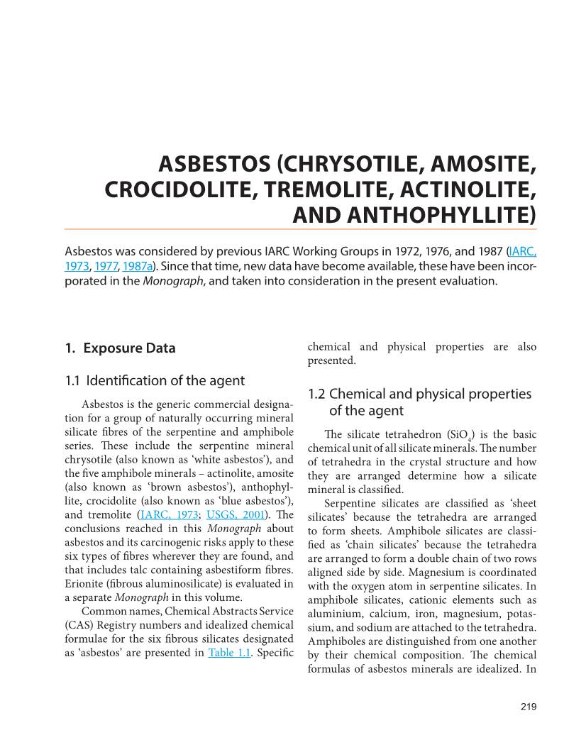Asbestos (Chrysotile, Amosite, Crocidolite, Tremolite, Actinolite, and Anthophyllite)