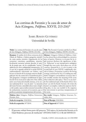 Las Cortinas De Favonio Y La Caza De Amor De Acis (Góngora, Polifemo, XXVII, 213-216)