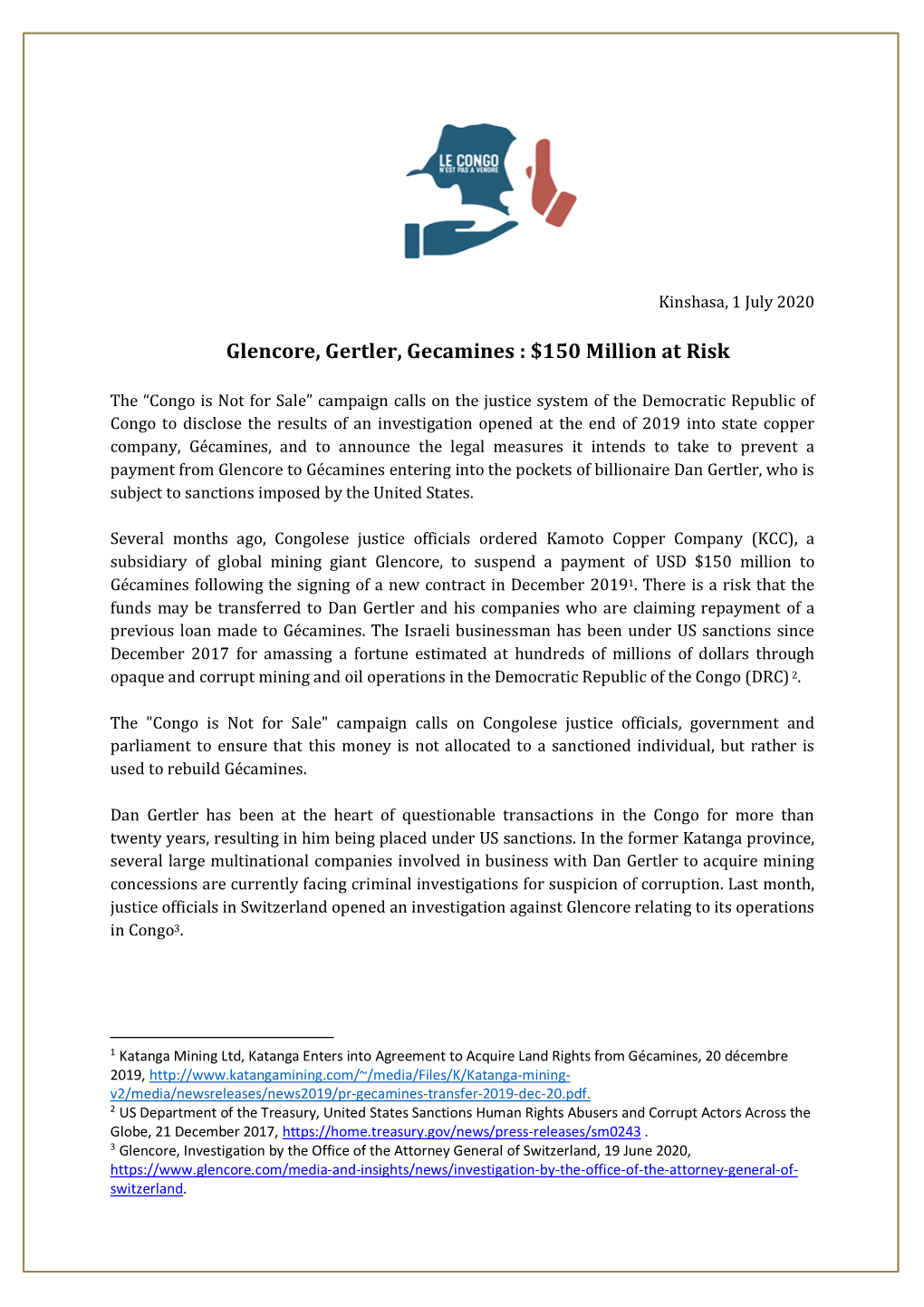 Glencore, Gertler, Gecamines : $150 Million at Risk