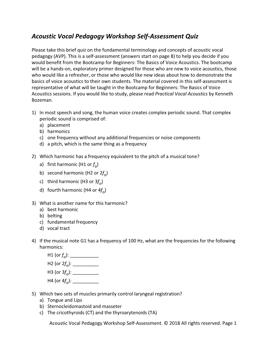 Acoustic Vocal Pedagogy Workshop Self-Assessment Quiz