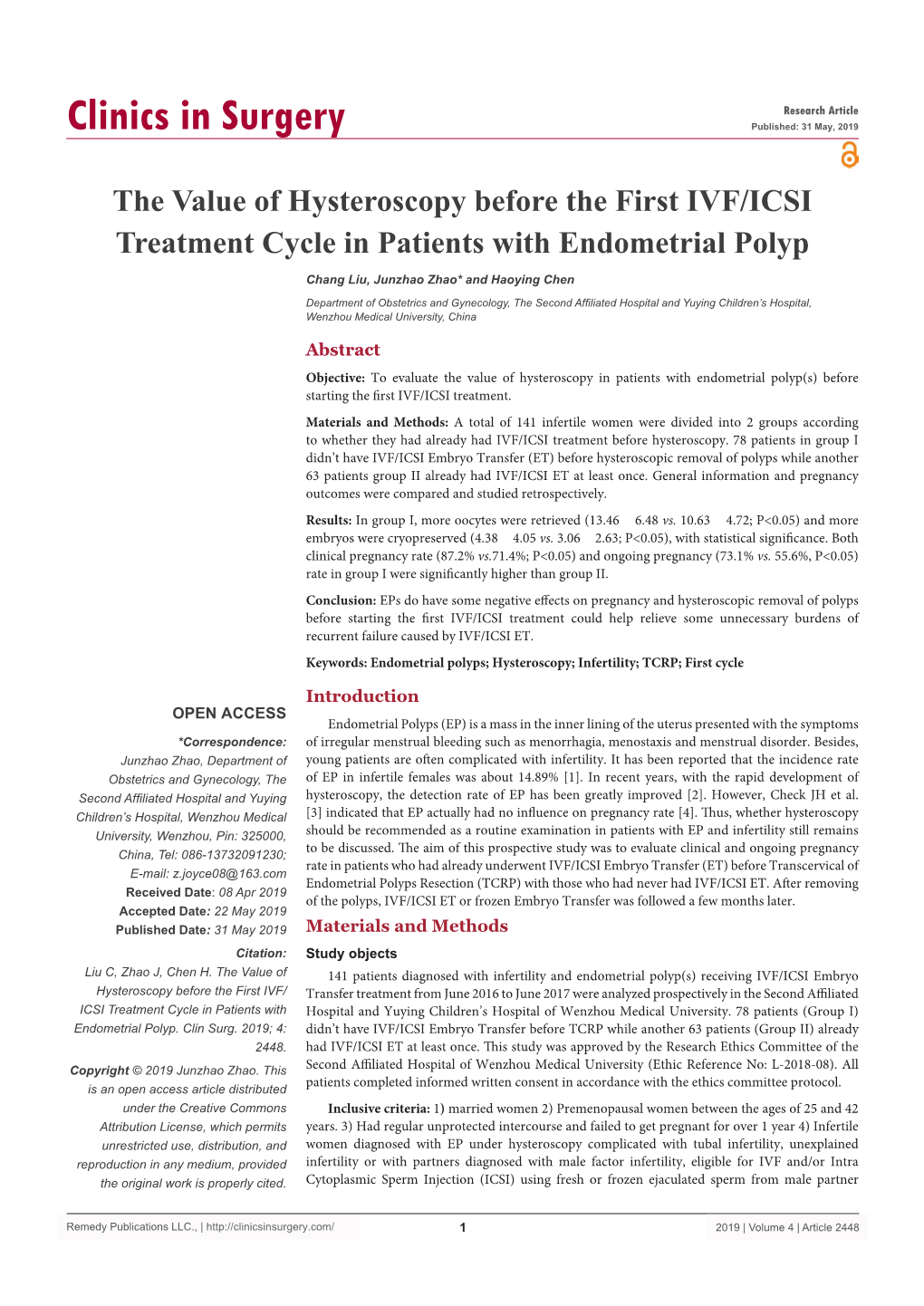 The Value of Hysteroscopy Before the First IVF/ICSI Treatment Cycle in Patients with Endometrial Polyp