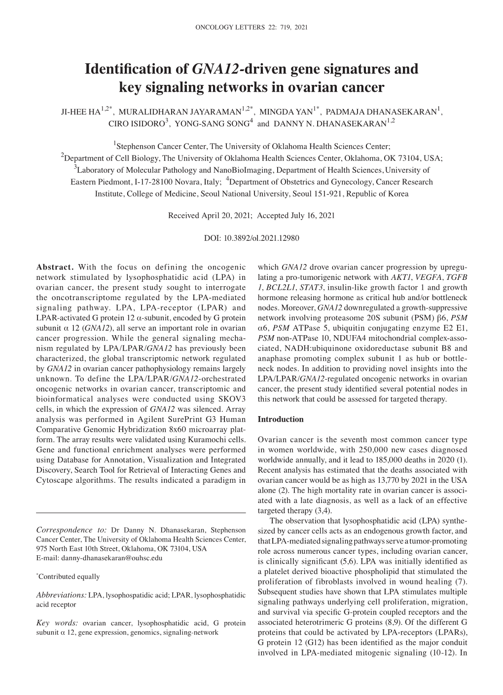 Identification of GNA12‑Driven Gene Signatures and Key Signaling Networks in Ovarian Cancer