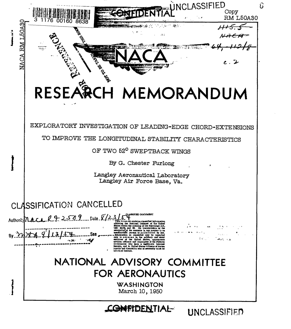 NATIONAL ADVISORY COMMITTEE for AERONAUTICS WASHINGTON .E March 10, 1950 NACA RM L50A30