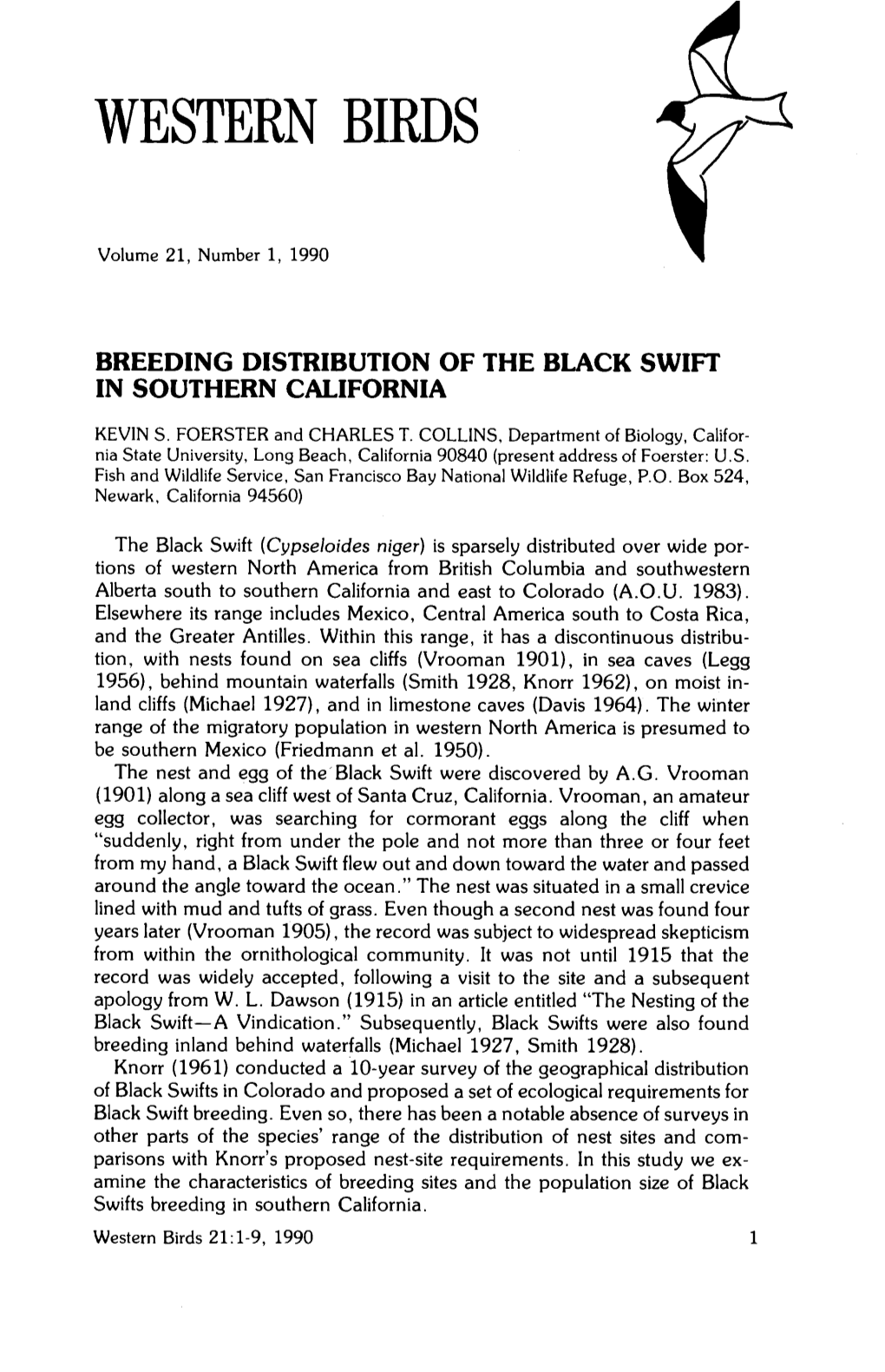 Breeding Distribution of the Black Swift in Southern California