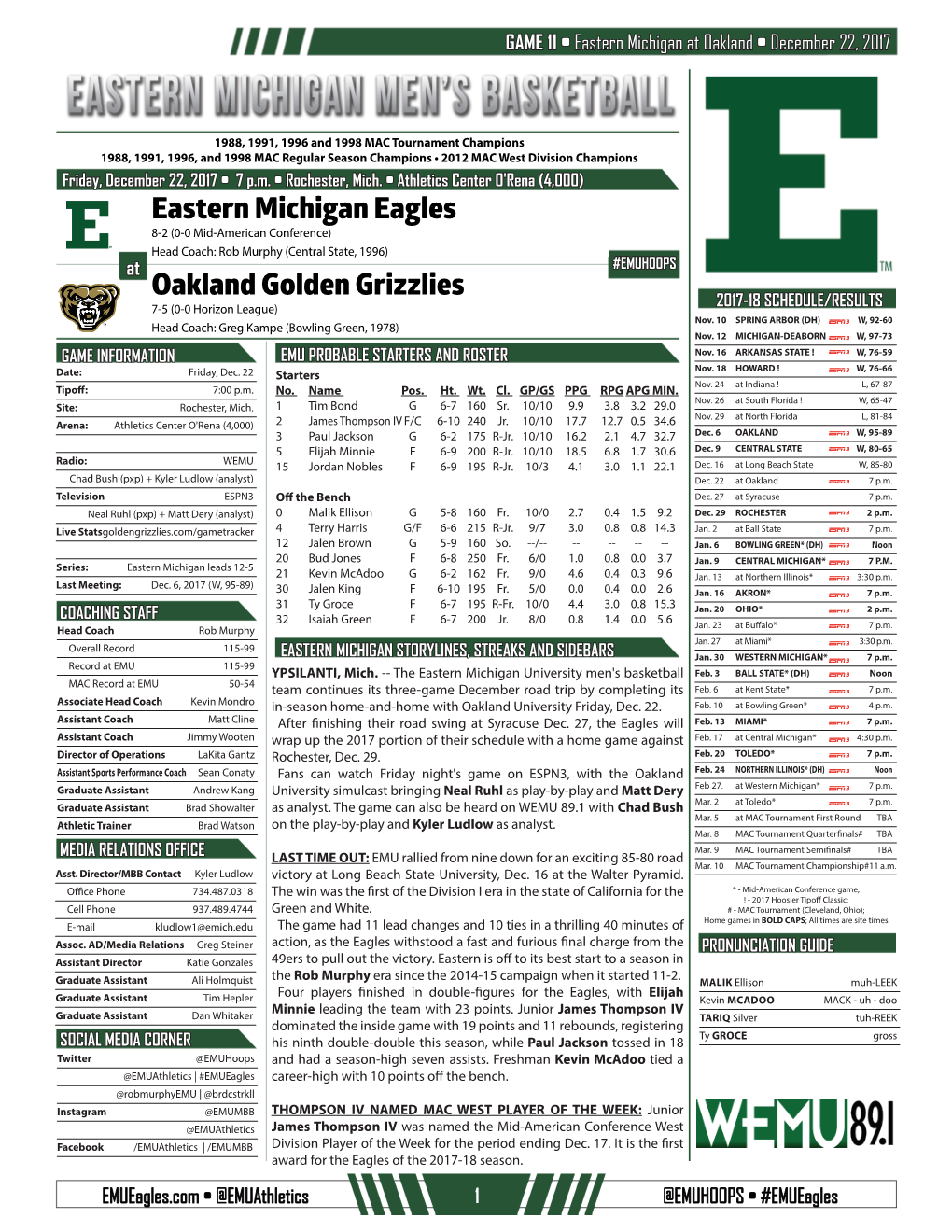 Eastern Michigan Eagles Oakland Golden Grizzlies