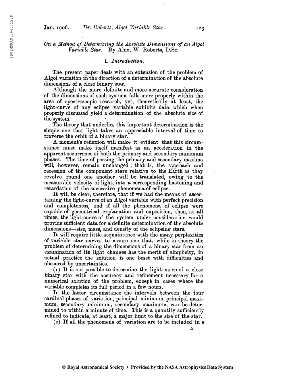 Jan¿ 1906. Dr. Böberts, Algol Variable Sta/R. 123 on a Method Of