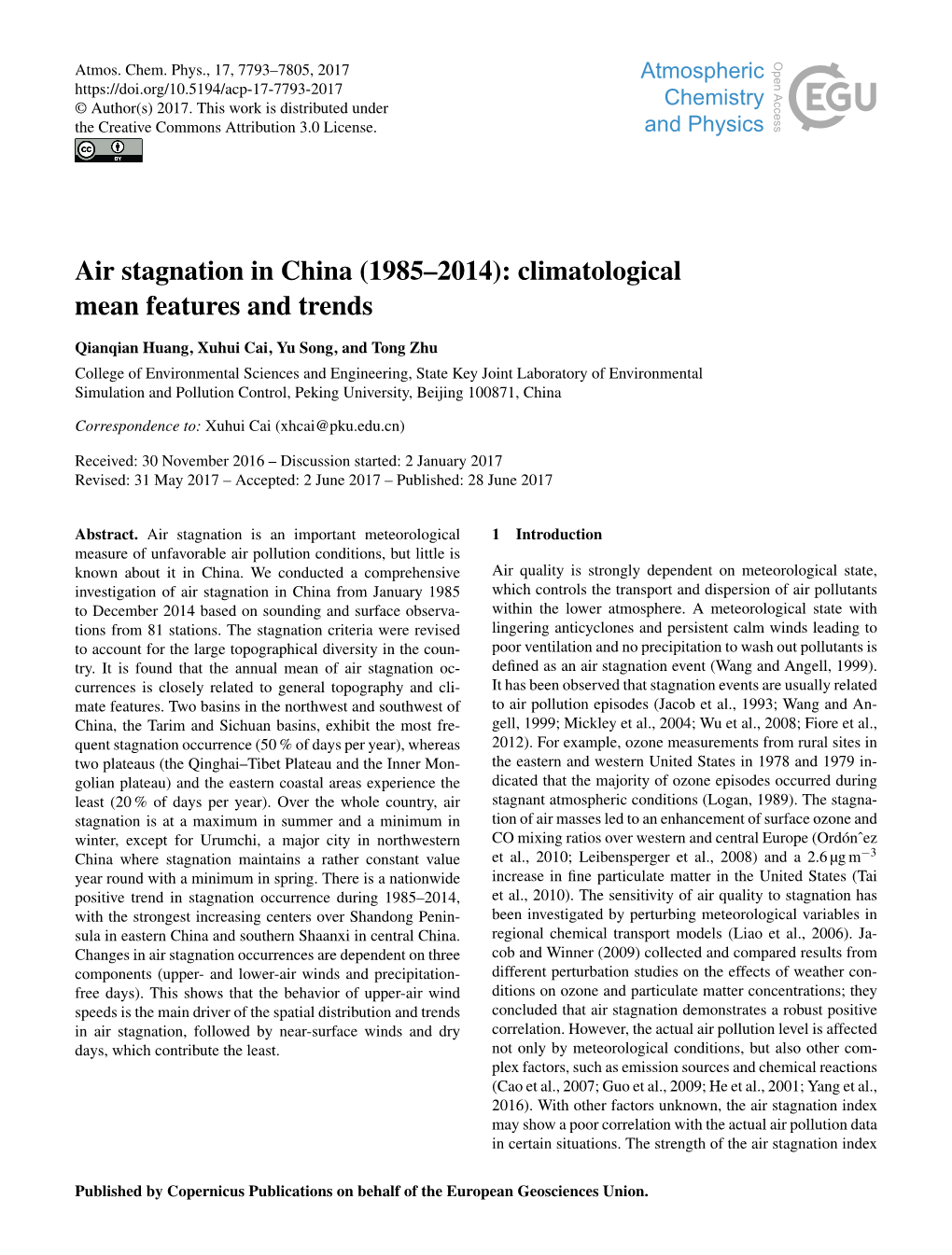 Air Stagnation in China (1985–2014): Climatological Mean Features and Trends