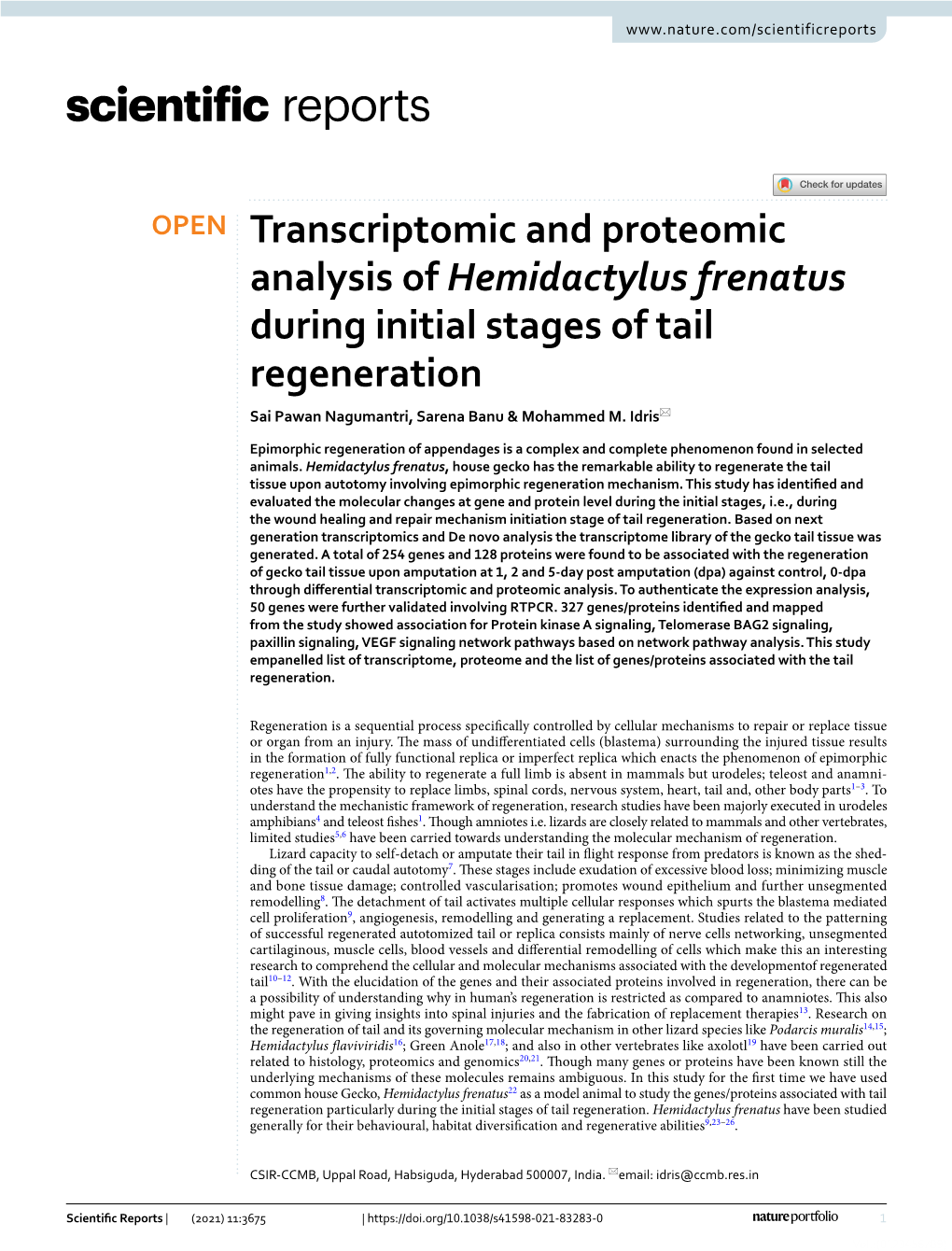 Transcriptomic and Proteomic Analysis of Hemidactylus Frenatus During Initial Stages of Tail Regeneration Sai Pawan Nagumantri, Sarena Banu & Mohammed M