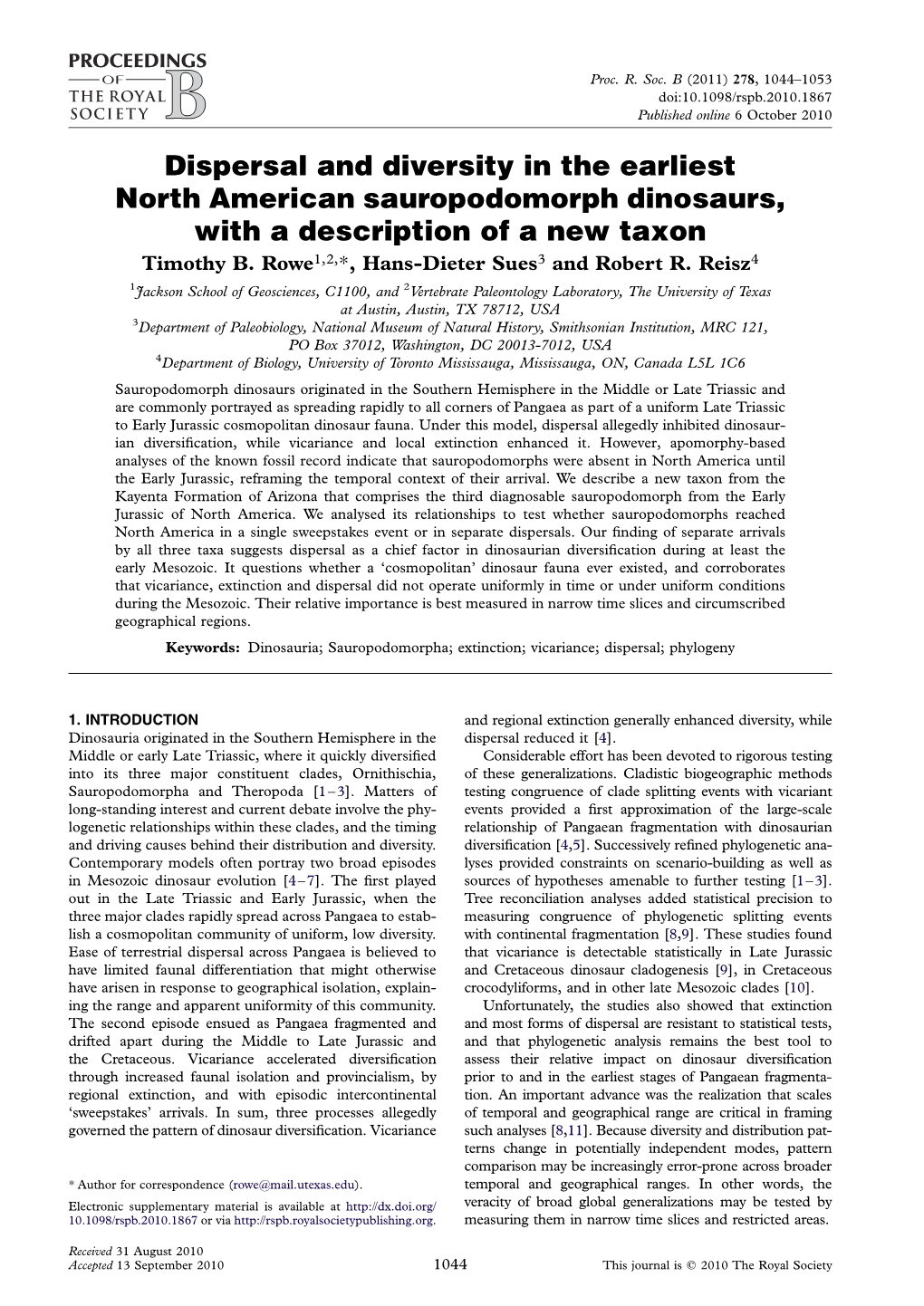 Dispersal and Diversity in the Earliest North American Sauropodomorph Dinosaurs, with a Description of a New Taxon Timothy B