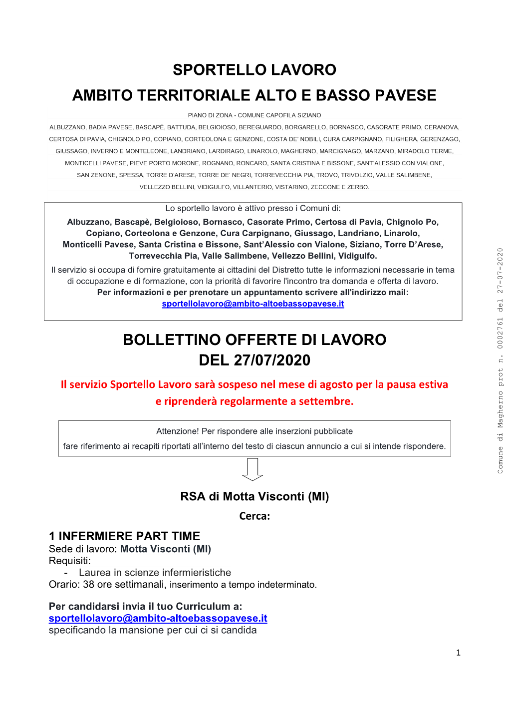 Sportello Lavoro Ambito Territoriale Alto E Basso Pavese Bollettino Offerte Di Lavoro Del 27/07/2020