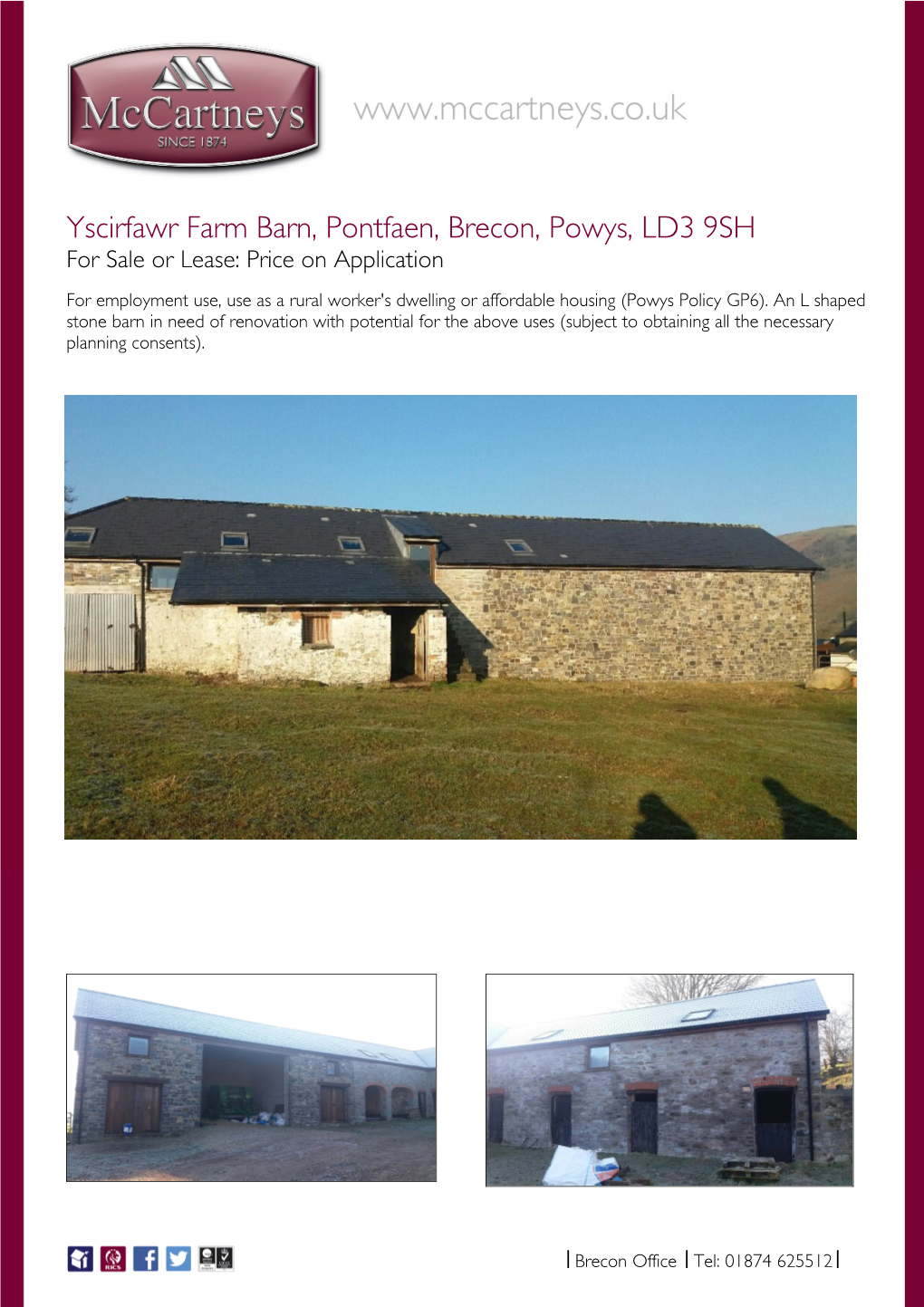 Yscirfawr Farm Barn, Pontfaen, Brecon, Powys, LD3 9SH for Sale Or Lease: Price on Application