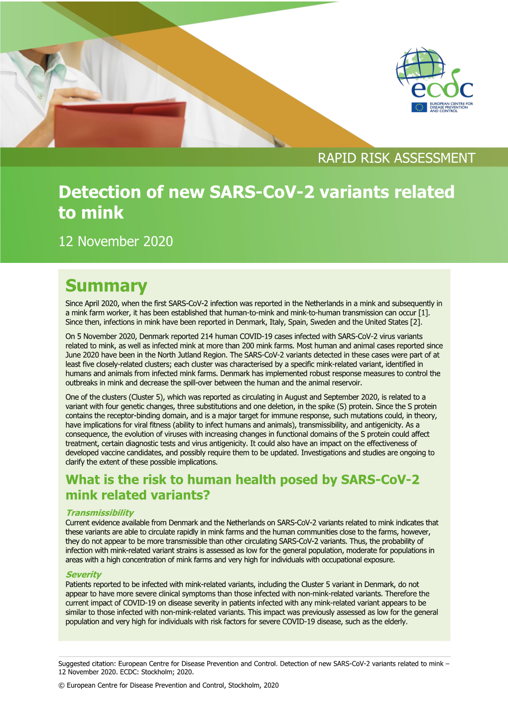 Detection of New SARS-Cov-2 Variants Related to Mink 12 November 2020