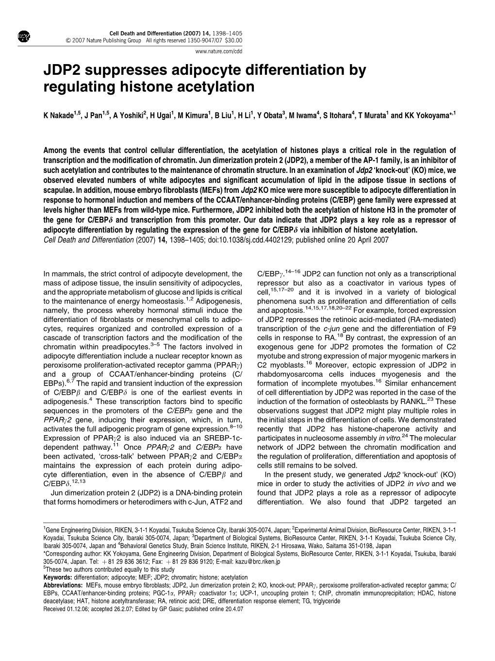 JDP2 Suppresses Adipocyte Differentiation by Regulating Histone Acetylation