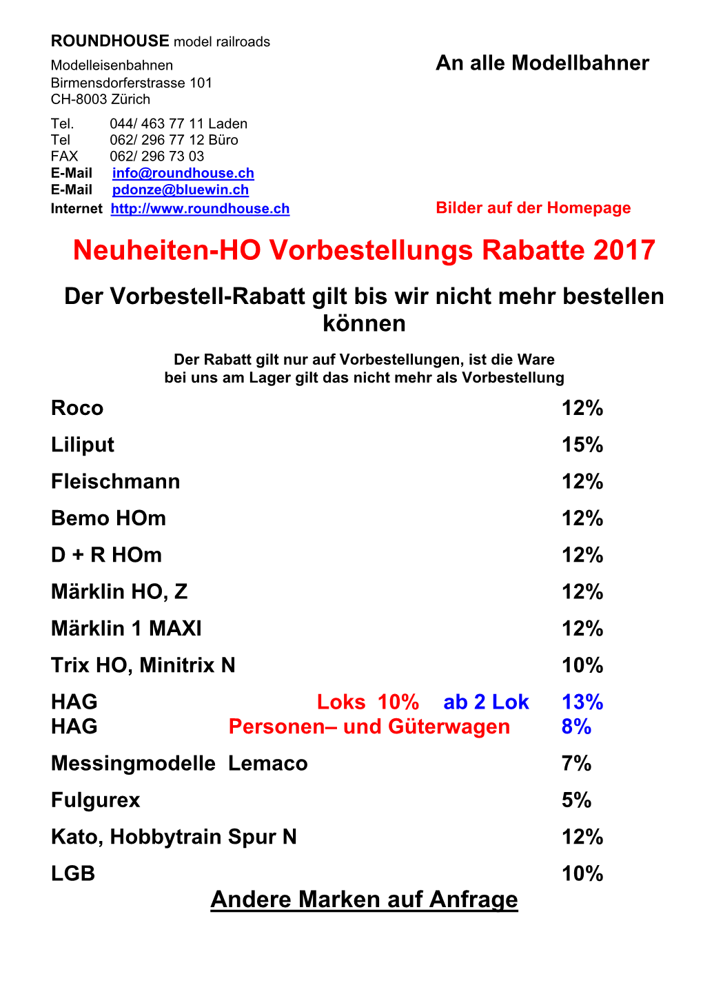 Neuheiten-HO Vorbestellungs Rabatte 2017 Der Vorbestell-Rabatt Gilt Bis Wir Nicht Mehr Bestellen Können