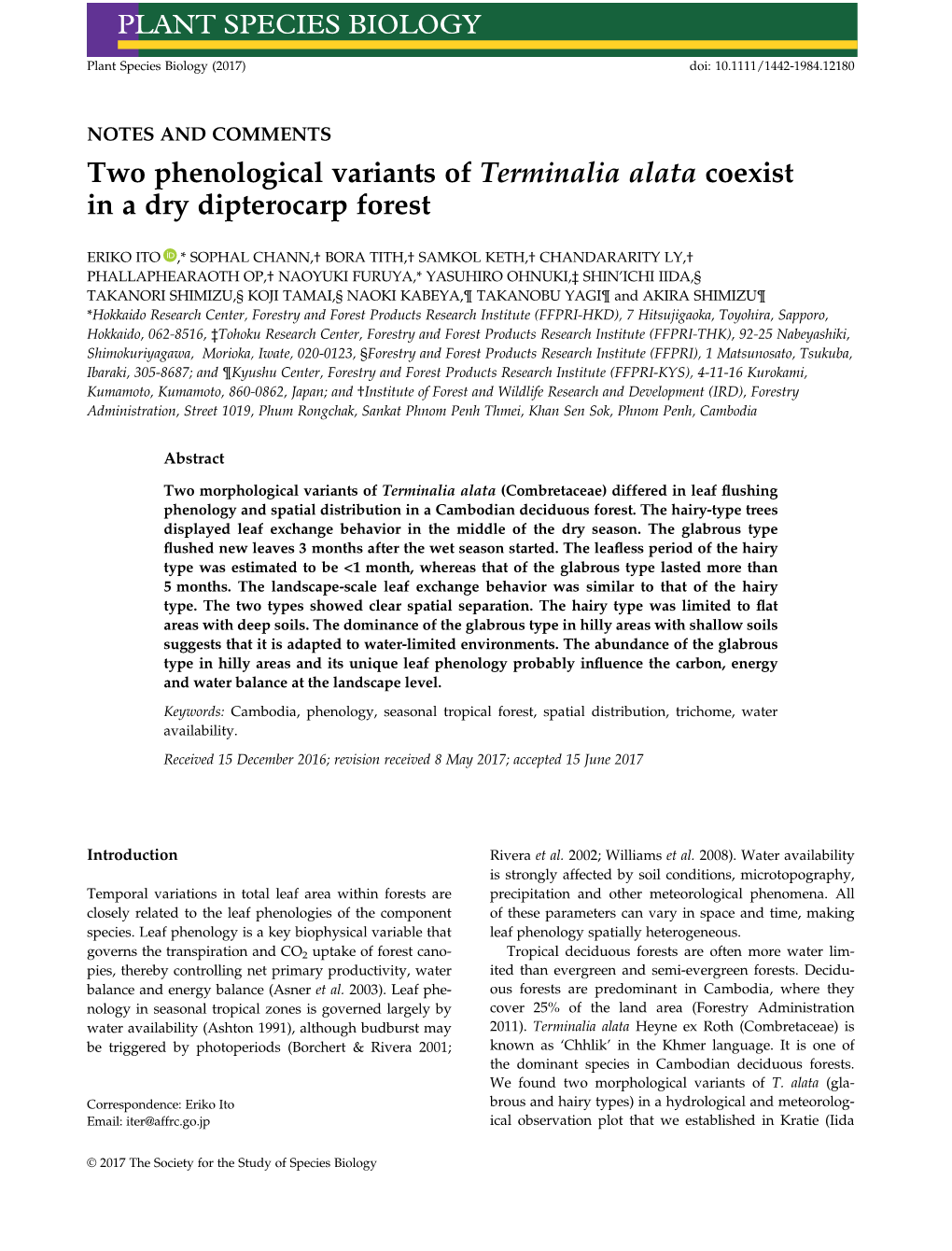 Phenological Variants of Terminalia Alata Coexist in a Dry Dipterocarp Forest