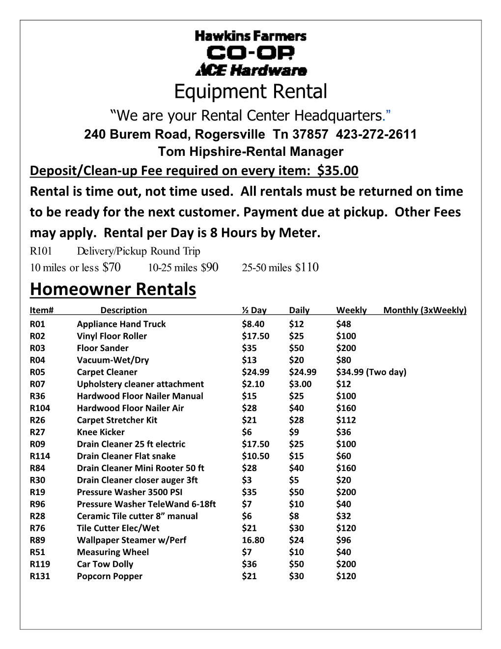 Equipment Rental Homeowner Rentals